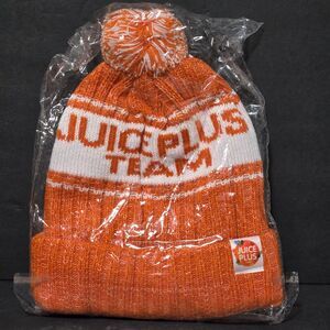 Juice‎ Plus Team Store~Orange/White Lined Knit Pom Pom Winter Hat Cap OSFA Adult